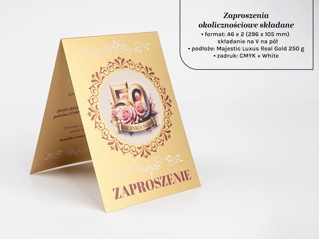 Zaproszenia składane A6 majestic real gold 250g