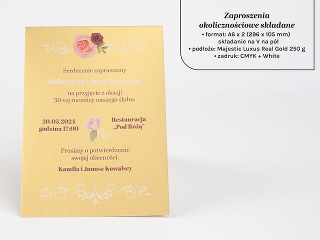 Zaproszenia składane A6 na złotym papierze