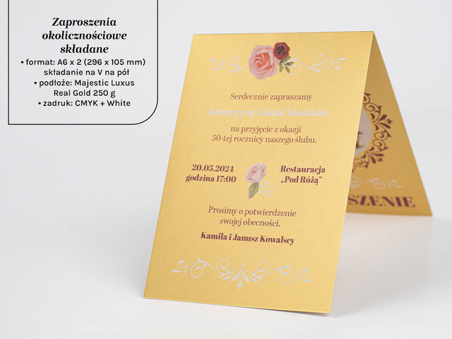 Zaproszenia składane A6 na złotym papierze