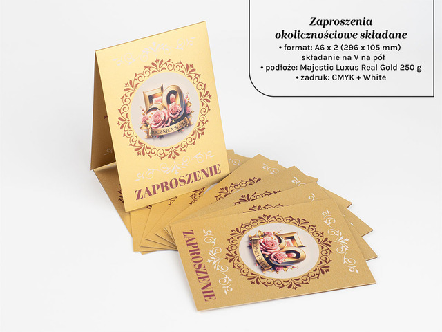 Zaproszenia składane na złotym papierze real gold 250g