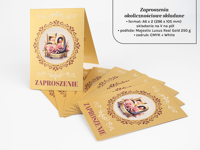 Zaproszenia składane na złotym papierze real gold 250g