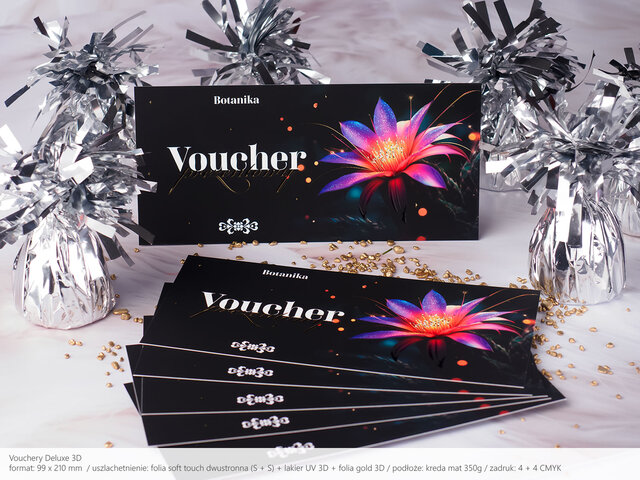 Vouchery Deluxe w formacie DL z folią soft touch, lakierem UV i złotą folią