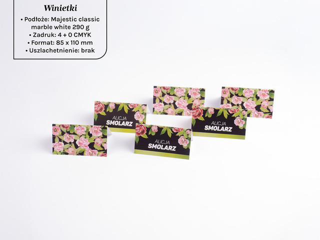 Druk winietek ślubnych na papierze ozdobnym Majestic merble white 290g