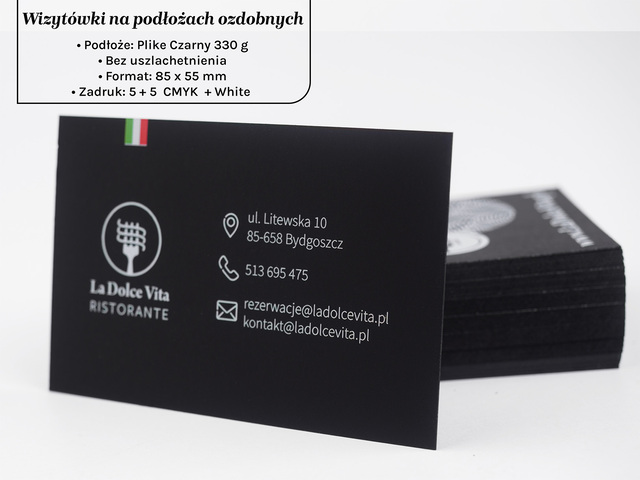 Wizytówki na papierze ozdobnym Plike czarny Full CMYK + white