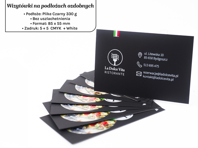 Wizytówki na papierze ozdobnym Plike czarny Full CMYK + white