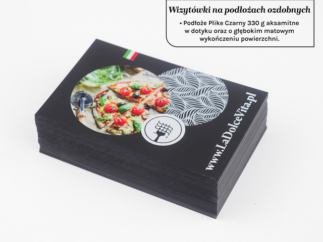 Wizytówki na papierze ozdobnym Plike czarny z poddrukiem białym