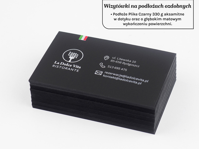 Wizytówki na papierze ozdobnym Plike czarny z poddrukiem białym